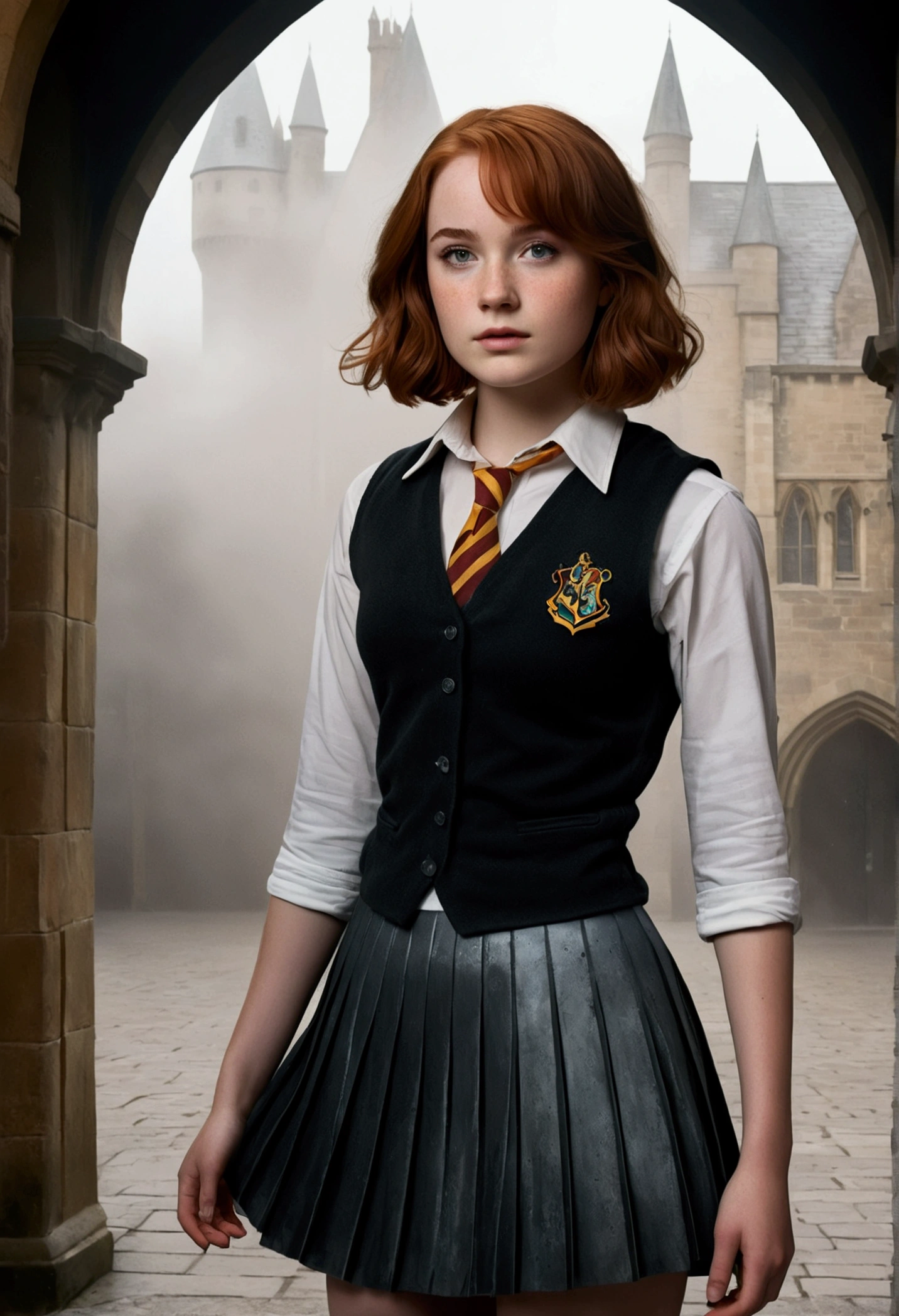 An illustrated movie poster, hand-drawn, full color, a age Hogwarts student, 18-years-old, female, wearing a charcoal vest and a pleated skirt, athletic hourglass figure, full wide hips, massive round buttng shapely legs, ridiculously thick powerful thighs, vibrant eyes, deep dark auburn hair, short curly bob cut, flushed sun-kissed complexion, freckles, resembles Genevieve O'Reilly, standing in a foggy Hogwarts courtyard, surrounded by mist, graphite shading, stencil marks, airbrushed acrylic paint, masterpiece, close-up shot, in the style of the Deathly Hallows 