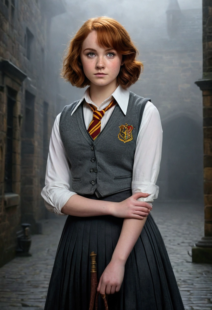 An illustrated movie poster, hand-drawn, full color, a teenage Hogwarts student, 18-years-old, female, wearing a charcoal vest and a pleated skirt, athletic hourglass figure, full wide hips, massive round butt, long shapely legs, ridiculously thick powerful thighs, vibrant eyes, deep dark auburn hair, short curly bob cut, flushed sun-kissed complexion, freckles, resembles Genevieve O'Reilly, standing in a foggy Hogwarts courtyard, surrounded by mist, graphite shading, stencil marks, airbrushed acrylic paint, masterpiece, close-up shot, in the style of the Deathly Hallows 
