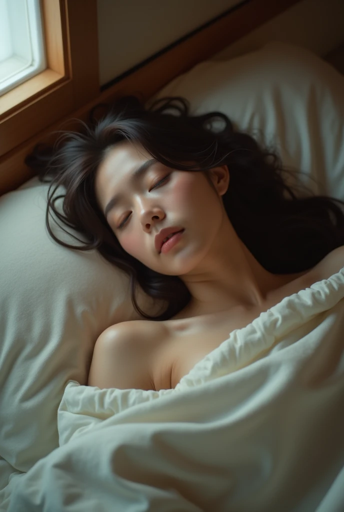 (((Whole body)))、A 30-year-old woman with an idol-like cute face、Gentle and cute、(((Not wearing anything)))、(night)、((Japanese-style room futon in a Japanese inn))、(((Lying down and fast asleep)))、(((Cleavage)))、(((Thighs)))、RAW Photos、Genuine、High resolution