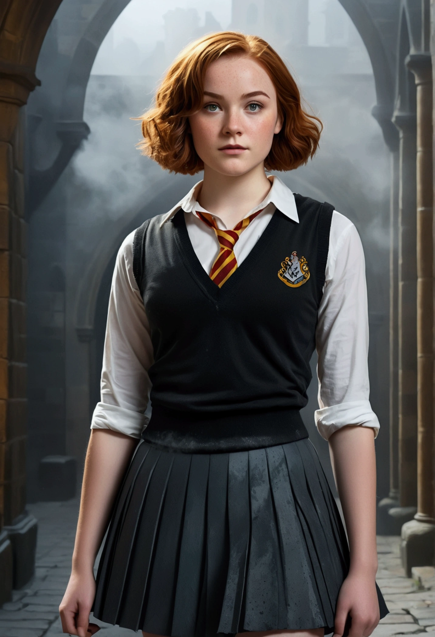 An illustrated movie poster, hand-drawn, full color, a teenage Hogwarts student, 18-years-old, female, wearing a charcoal vest and a pleated skirt, athletic hourglass figure, full wide hips, massive round butt, long shapely legs, ridiculously thick powerful thighs, vibrant eyes, deep dark auburn hair, short curly bob cut, flushed sun-kissed complexion, freckles, resembles Genevieve O'Reilly, standing in a foggy Hogwarts courtyard, surrounded by mist, graphite shading, stencil marks, airbrushed acrylic paint, masterpiece, close-up shot, in the style of the Deathly Hallows 