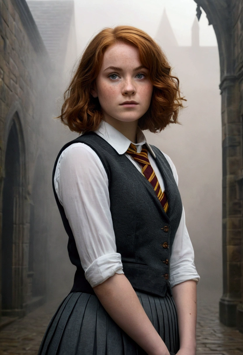 An illustrated movie poster, hand-drawn, full color, a teenage Hogwarts student, 18-years-old, female, wearing a charcoal vest and a pleated skirt, athletic hourglass figure, full wide hips, massive round butt, long shapely legs, ridiculously thick powerful thighs, vibrant eyes, deep dark auburn hair, short curly bob cut, flushed sun-kissed complexion, freckles, resembles Genevieve O'Reilly, standing in a foggy Hogwarts courtyard, surrounded by mist, graphite shading, stencil marks, airbrushed acrylic paint, masterpiece, close-up shot, in the style of the Deathly Hallows