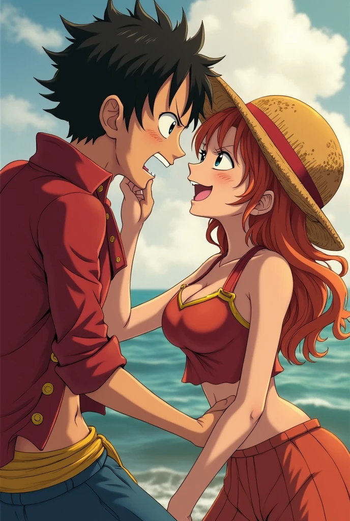 Nami giving Luffy a blowjob