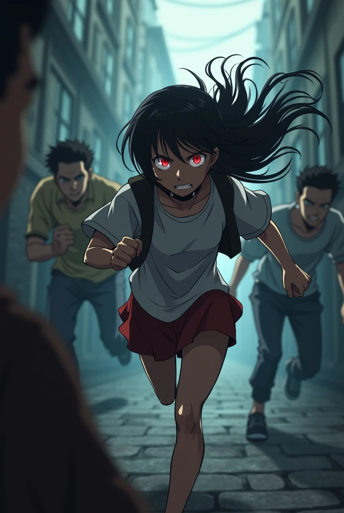16 year old sister who is a girl with black hair red eyes running towards the thugs to save her brother alone with one obe by her side anime