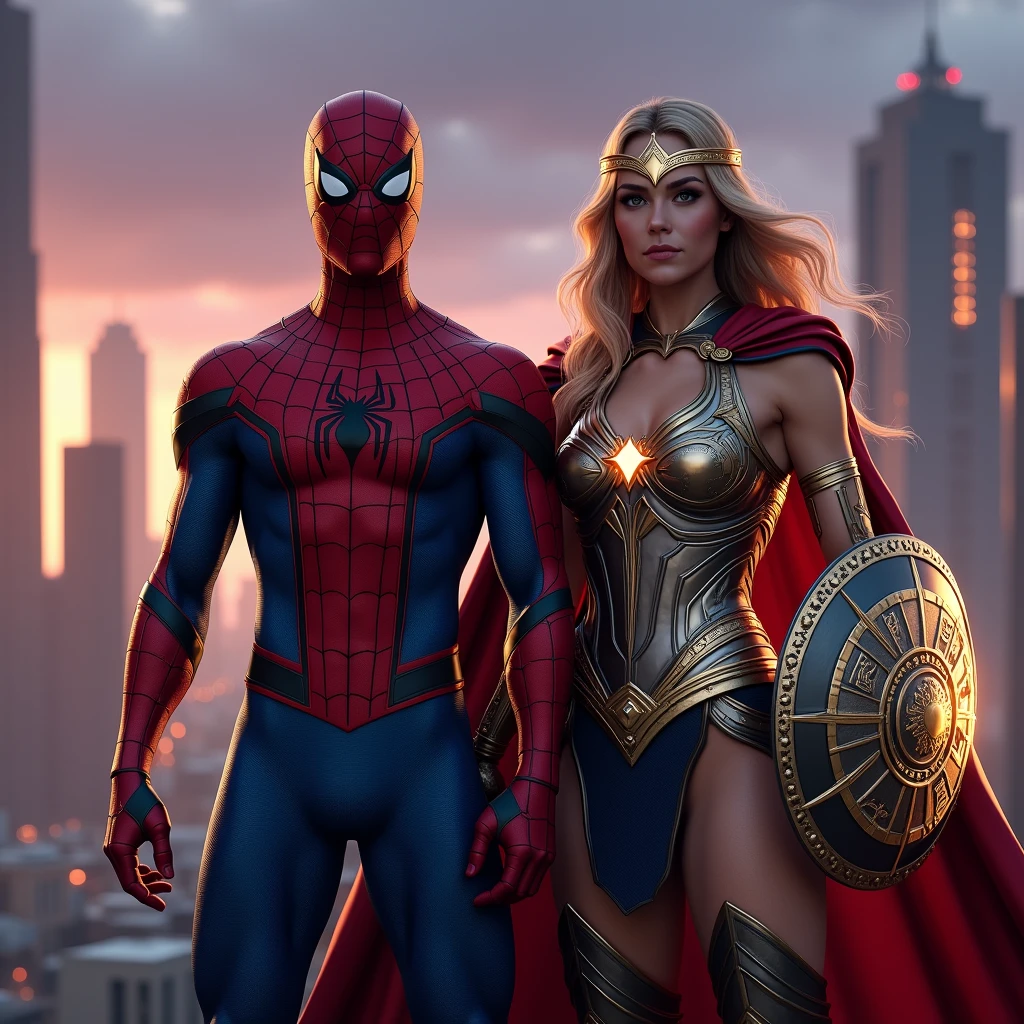 "A hyper-realistic and highly detailed image featuring a male superhero in a red and blue textured suit, with intricate web patterns and a sleek, muscular physique. He stands poised, ready for action, with one hand outstretched as if preparing to shoot webs. Beside him is a powerful female warrior in gleaming, intricately designed armor with metallic finishes. Her outfit includes a golden tiara, a glowing lasso looped at her side, and a shield with ancient symbols etched into it. Her stance is strong and confident, with her cape flowing gently in the wind. The background features a modern cityscape at twilight, with skyscrapers illuminated by the fading sunlight and the first lights of the city coming alive. The sky is a blend of deep purples and oranges, adding a dramatic atmosphere that enhances the heroic and epic nature of the scene. The lighting is carefully crafted to highlight the fine details of their costumes, casting realistic shadows and giving a sense of depth and realism to the characters."