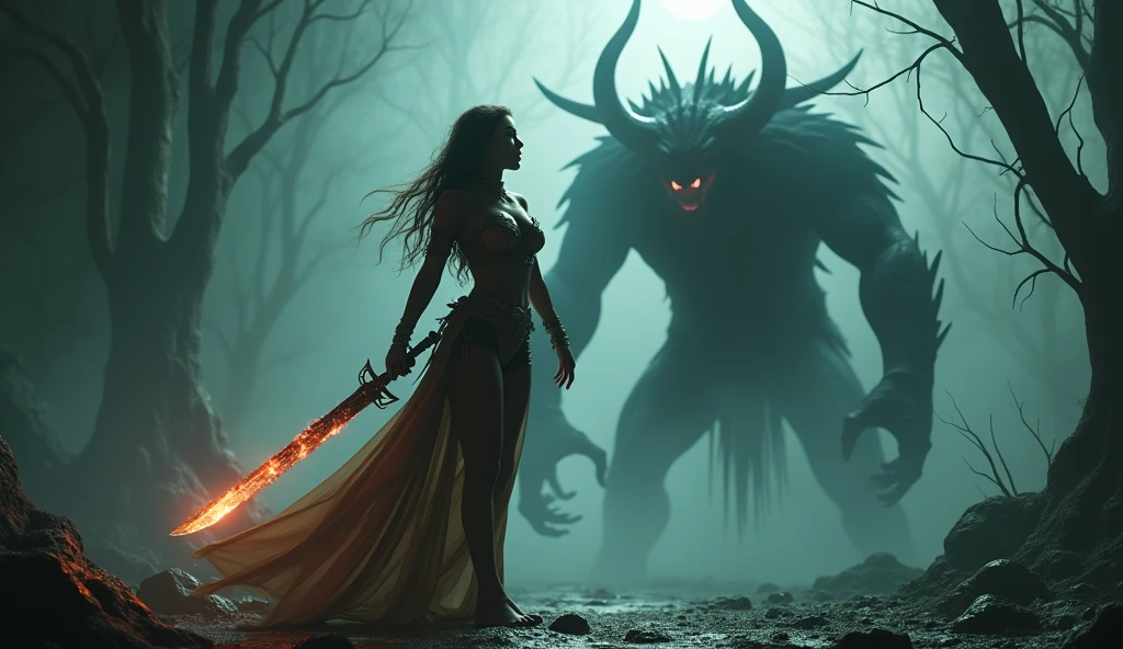 (best quality, 8K, masterpiece: 1.2, photorealist: 1.37), A stunning image of a full-length woman, cute and sexy woman, Erotic warrior costume, A creepy demonic landscape, Wielding a magic sword, The woman has a demonic monster in front of her, huge breasts