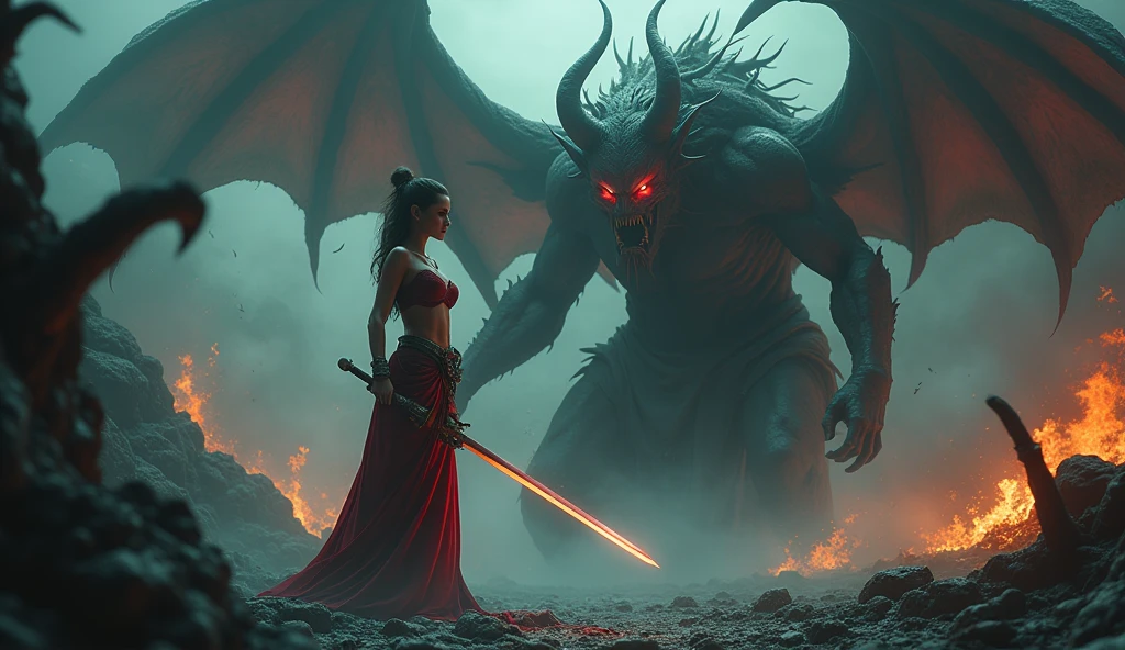 (best quality, 8K, masterpiece: 1.2, photorealist: 1.37), A stunning image of a full-length woman, cute and sexy woman, Erotic warrior costume, A creepy demonic landscape, Wielding a magic sword, The woman has a demonic monster in front of her, huge breasts