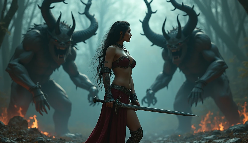 (best quality, 8K, masterpiece: 1.2, photorealist: 1.37), A stunning image of a full-length woman, cute and sexy woman, Erotic warrior costume, A creepy demonic landscape, Wielding a magic sword, The woman has a demonic monster in front of her, huge breasts