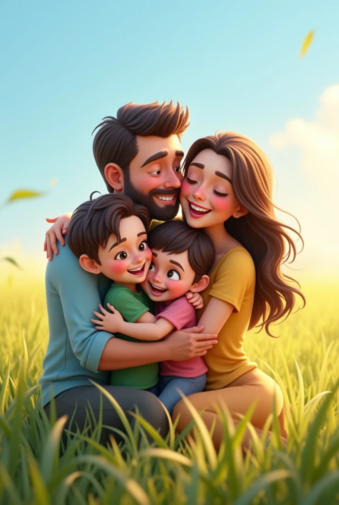 Create a realistic image of a happy family—father, mother, and children—embracing each other in a joyful moment. Show them in a sunny, open outdoor setting with lush, green grass and a clear, blue sky. The family members should be depicted with natural, lifelike details, smiling and close together to express warmth and affection. Use bright, vibrant colors and soft, natural lighting to enhance the realism and emphasize the genuine happiness and togetherness of the scene, capturing the essence of a loving and united family in a beautiful, serene environment.