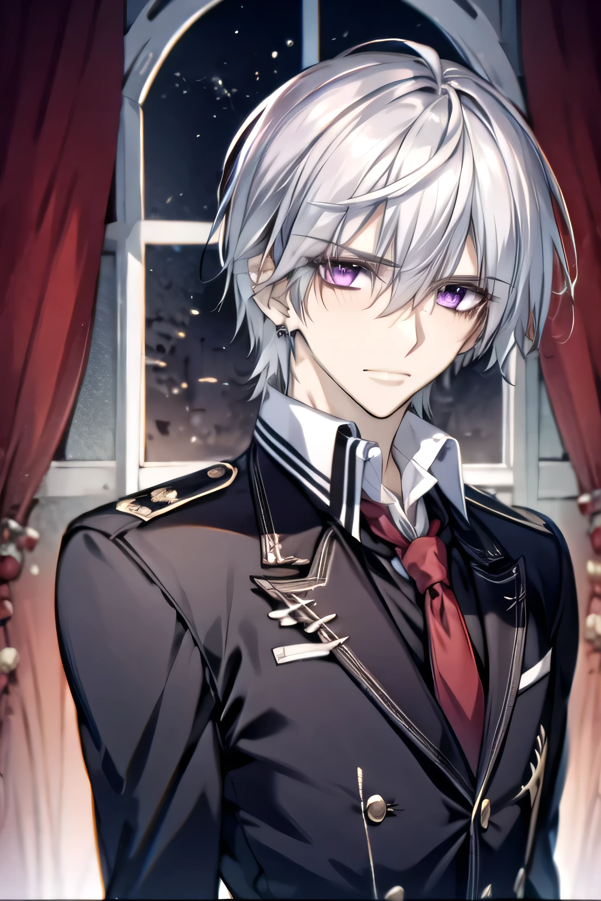 (absurdres, highres, ultra detailed, HDR), masterpiece, best quality, Zero Kiryuu, 1man, solo, handsome, (short silver hair), vibrant purple eyes, finely eye and detailed face, window, red curtains, black uniform, vampire knight, (arms behind back), solid crimson background, (portrait), 
