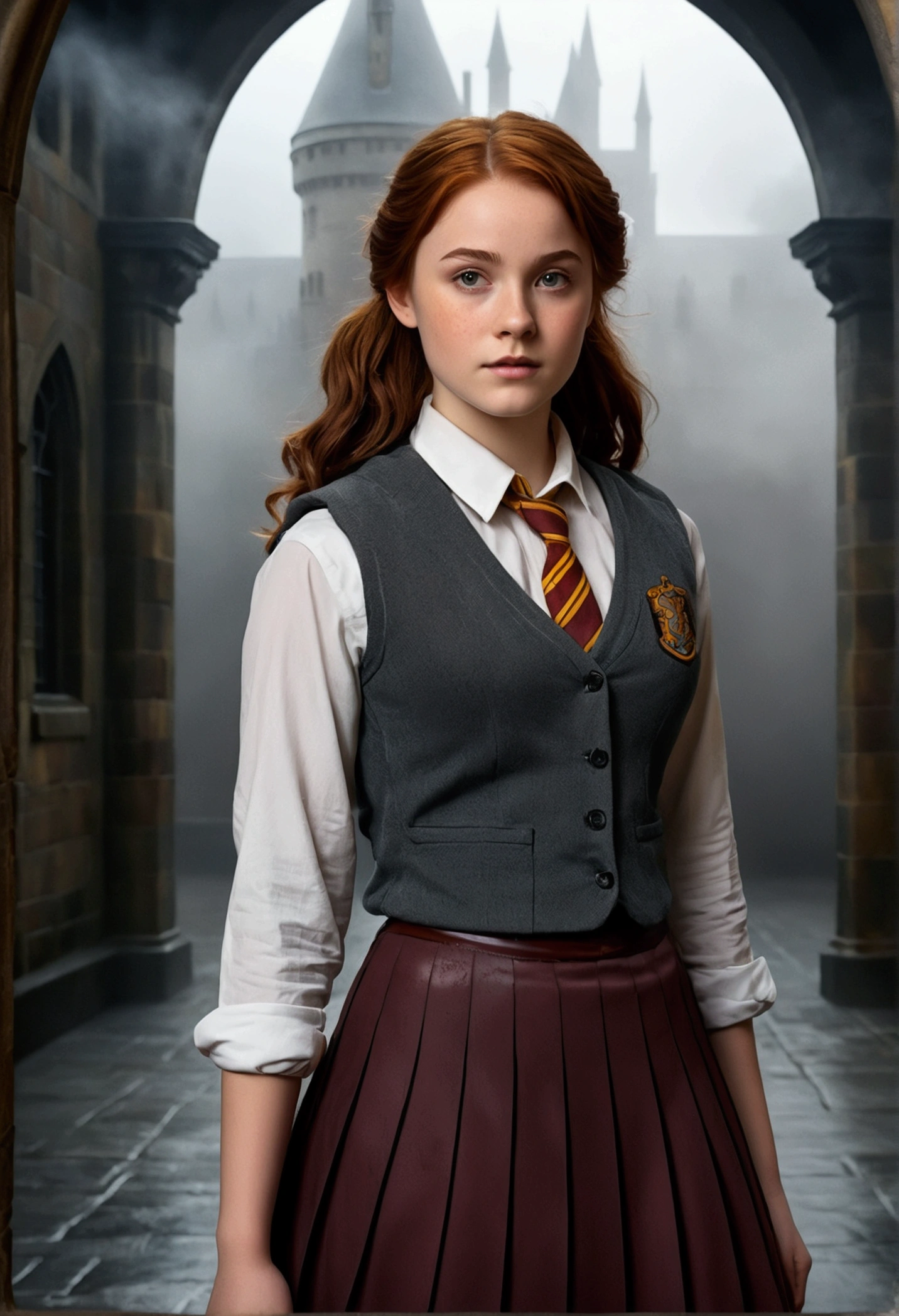 An illustrated movie poster, hand-drawn, full color, a teenage Hogwarts student, 18-years-old, female, wearing a charcoal vest and a pleated skirt, athletic hourglass figure, full wide hips, massive round butt, long shapely legs, ridiculously thick powerful thighs, vibrant eyes, deep dark auburn hair, curly ponytail, flushed sun-kissed complexion, freckles, resembles Genevieve O'Reilly, standing in a foggy Hogwarts courtyard, surrounded by mist, graphite shading, stencil marks, airbrushed acrylic paint, masterpiece, close-up shot, in the style of the Deathly Hallows