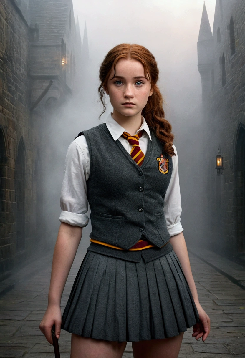 An illustrated movie poster, hand-drawn, full color, a teenage Hogwarts student, 18-years-old, female, wearing a charcoal vest and a pleated skirt, athletic hourglass figure, full wide hips, massive round butt, long shapely legs, ridiculously thick powerful thighs, vibrant eyes, deep dark auburn hair, curly ponytail, flushed sun-kissed complexion, freckles, resembles Genevieve O'Reilly, standing in a foggy Hogwarts courtyard, surrounded by mist, graphite shading, stencil marks, airbrushed acrylic paint, masterpiece, close-up shot, in the style of the Deathly Hallows 