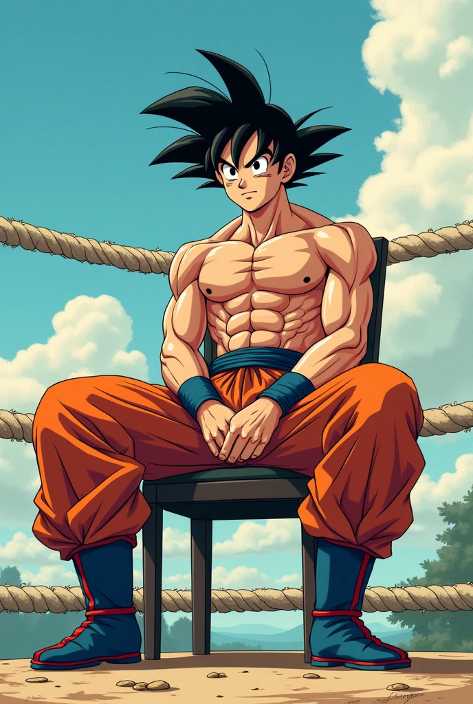Draw Son Goku shirtless, sitting on a chair and relaxing on top of a boxing ring in the Dragon Ball manga style.
