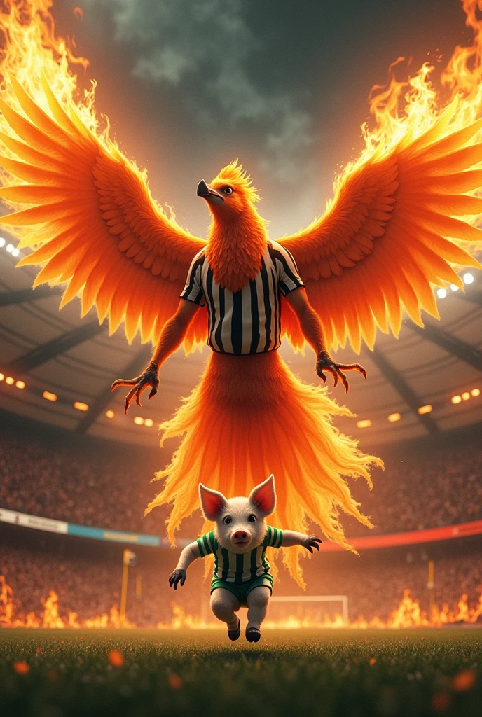 A phoenix bird wearing a black and white striped shirt on fire and a scared pig running away wearing a white and green shirt in a football stadium