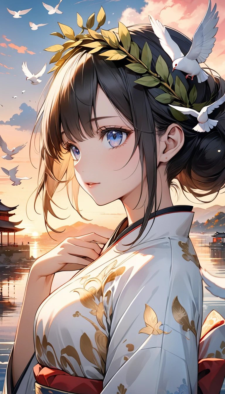 An exquisite illustration of a woman in white and gold dress, laurel wreath on her head, beautiful doves flying out from her heart, hands stretching to the sky, beautiful sunset, water color soft cloud, scenery, profile shot, (best quality, masterpiece, ultra-detailed, illustration), (8K wallpaper), (beautiful detailed eyes), beautiful, amazing, detailed eyes, (detailed skin) Highly detailed face and hair, anime, beautiful, best resolution, perfect face and body, intricate details, detailed face, style of Fu Baoshi, AY12K, delicate and precise linework, soft and muted color, traditional Japanese dress, traditional China dress traditional Chinese armor, detailed background,
