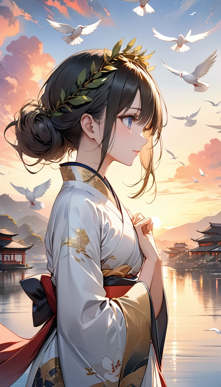 An exquisite illustration of a woman in white and gold dress, laurel wreath on her head, beautiful doves flying out from her heart, hands stretching to the sky, beautiful sunset, water color soft cloud, scenery, profile shot, (best quality, masterpiece, ultra-detailed, illustration), (8K wallpaper), (beautiful detailed eyes), beautiful, amazing, detailed eyes, (detailed skin) Highly detailed face and hair, anime, beautiful, best resolution, perfect face and body, intricate details, detailed face, style of Fu Baoshi, AY12K, delicate and precise linework, soft and muted color, traditional Japanese dress, traditional China dress traditional Chinese armor, detailed background,