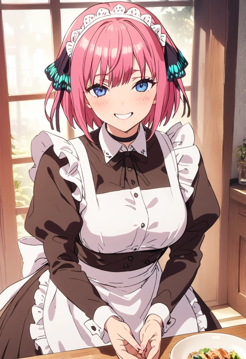 (Highest quality, 4K, 8k, High resolution, masterpiece:1.2), Very detailed, Picturesque, Animated Photography, Photo Animation:1.37)、Japanese schoolgirl、(Pink Hair)、(short hair)、(butterfly hair)、Black choker、smile、Fold your hands behind your body、??????? face、Maid clothes、Nakano Nino
