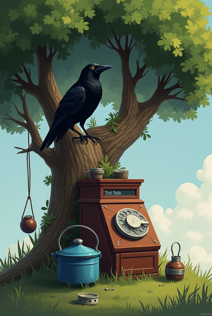 Telephone is in tree. A crow sit on telephone. A blue cooking Cylinder is under the tree. A compass is roaming