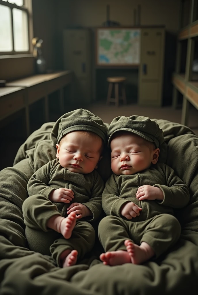 Two camouflaged newborns dressed in berets sleep in a military barracks with their weapons in a realistic full body style.