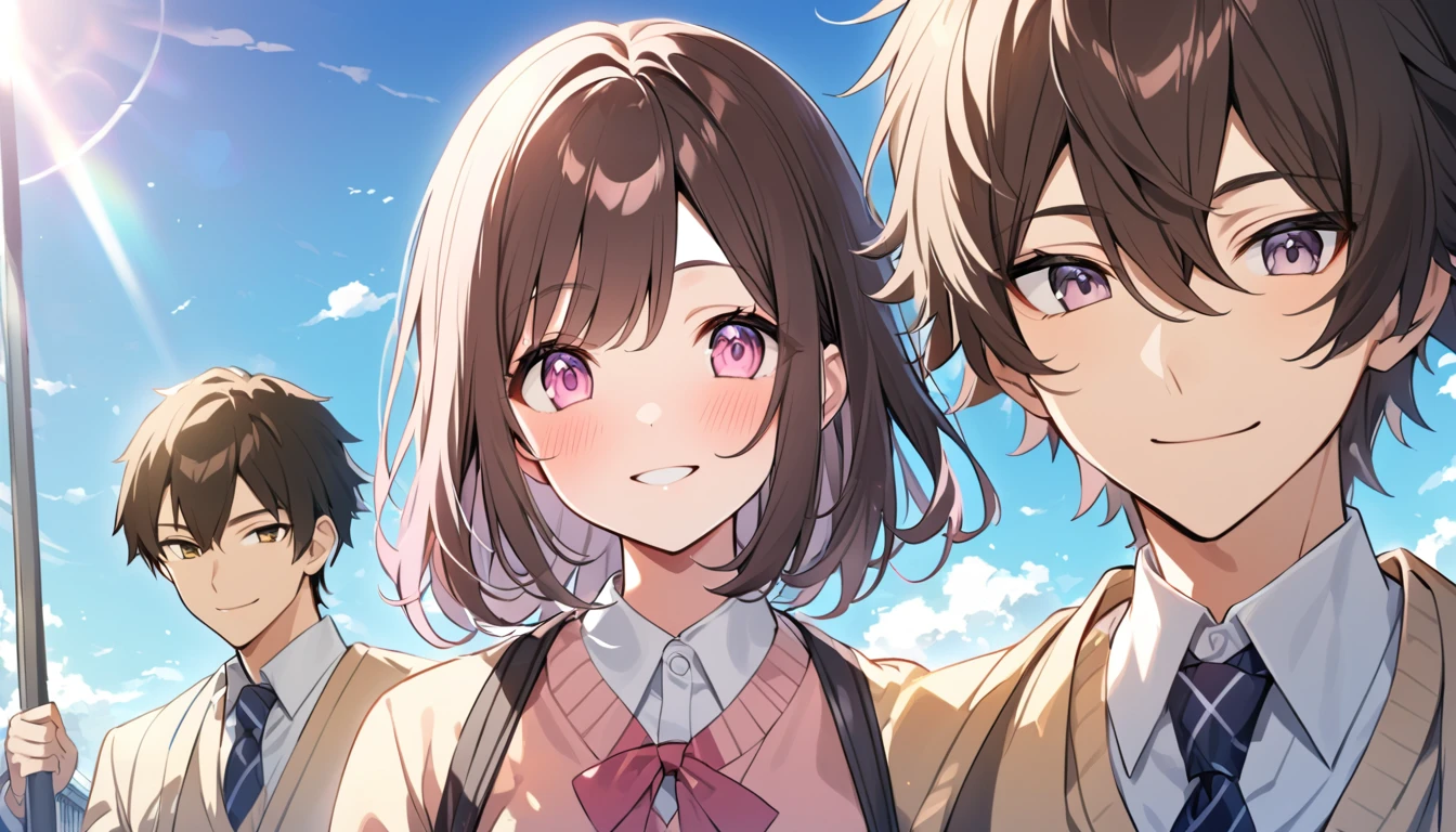 good looking,high school student,1 male,1 female,Medium Hair, Dark brown hair, Pink highlights on the tip, Pale pink eyes,Smile Facial,Blue Sky Morning,Light of the sun,seihuku,Going to school