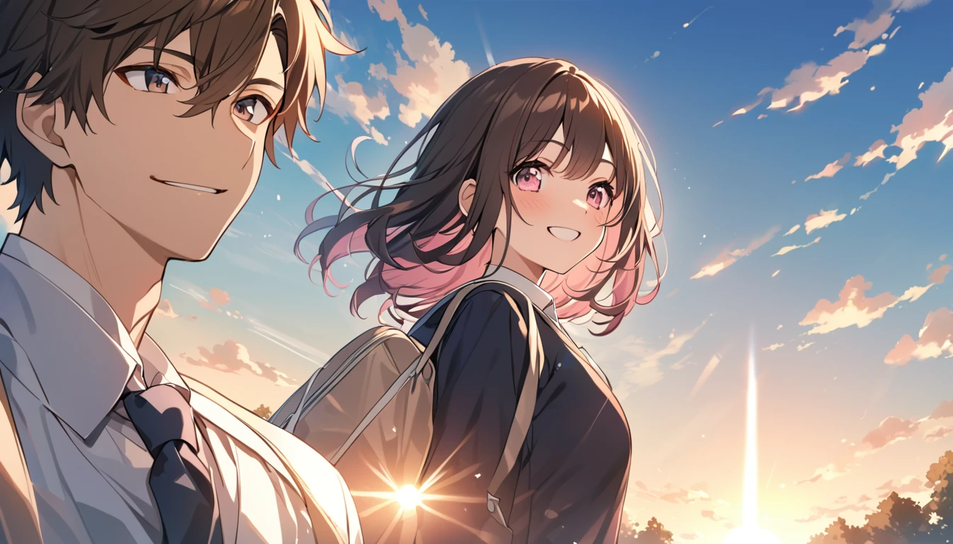 good looking,high school student,1 male,1 female,Medium Hair, Dark brown hair, Pink highlights on the tip, Pale pink eyes,Smile Facial,Blue Sky Morning,Light of the sun,seihuku,Going to school