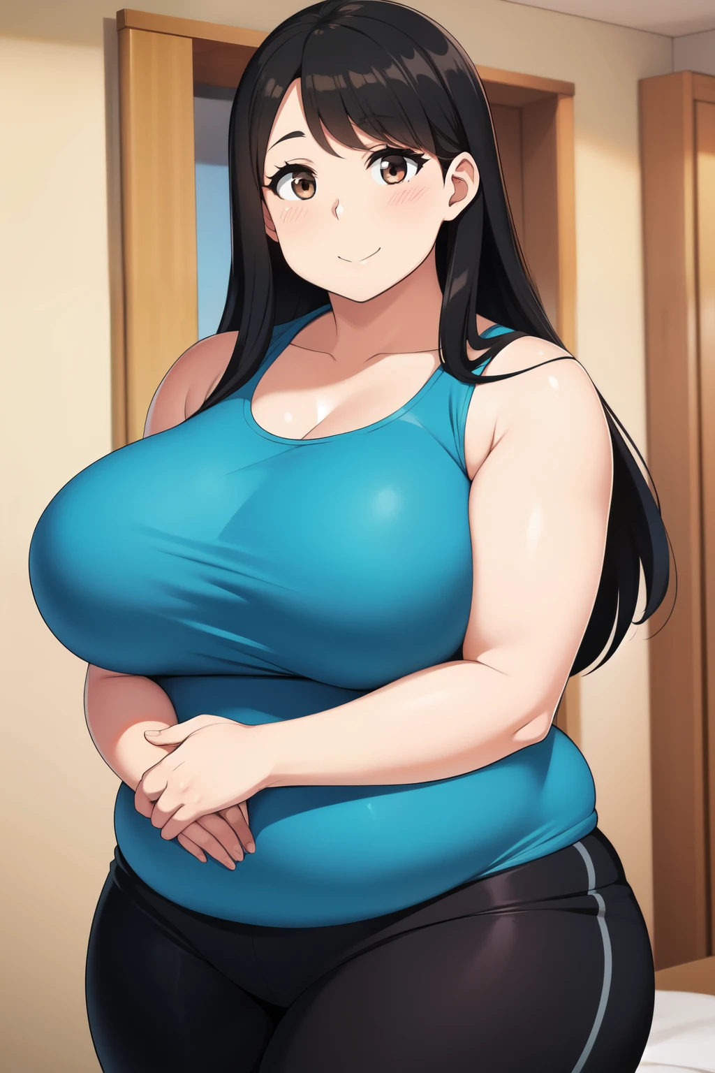 Plump year 21 big breasts black hair brown eyes happy longer hair smile blushing deredere