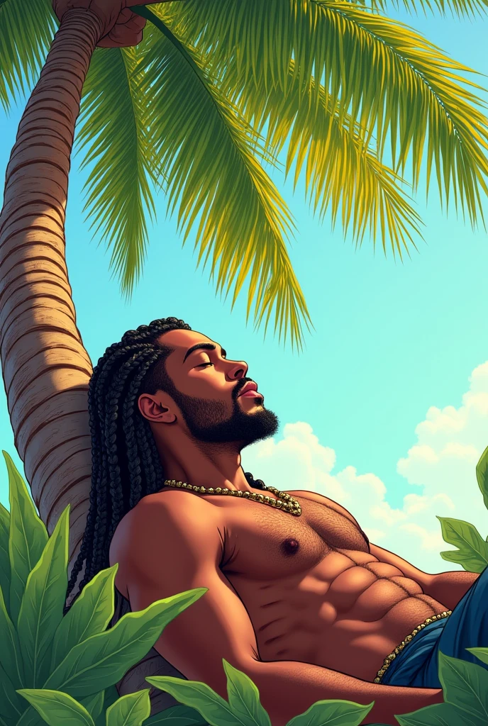 Colored drawing of a man with braids lying under a palm tree, full body profile