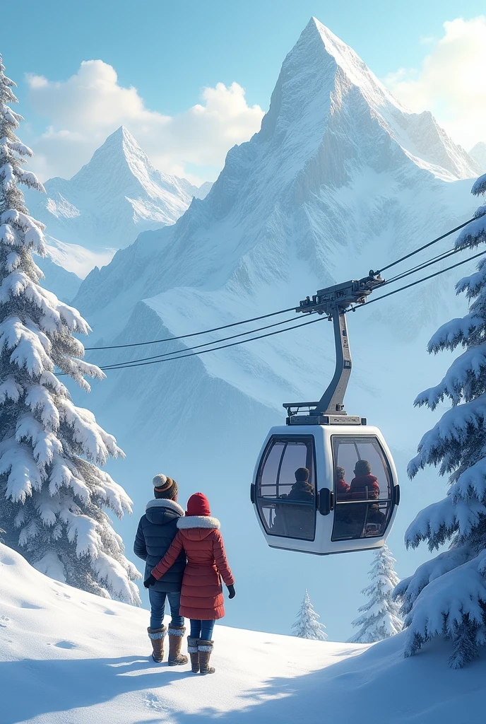 Create an image of a couple climbing the snowy mountain in a cable car 
