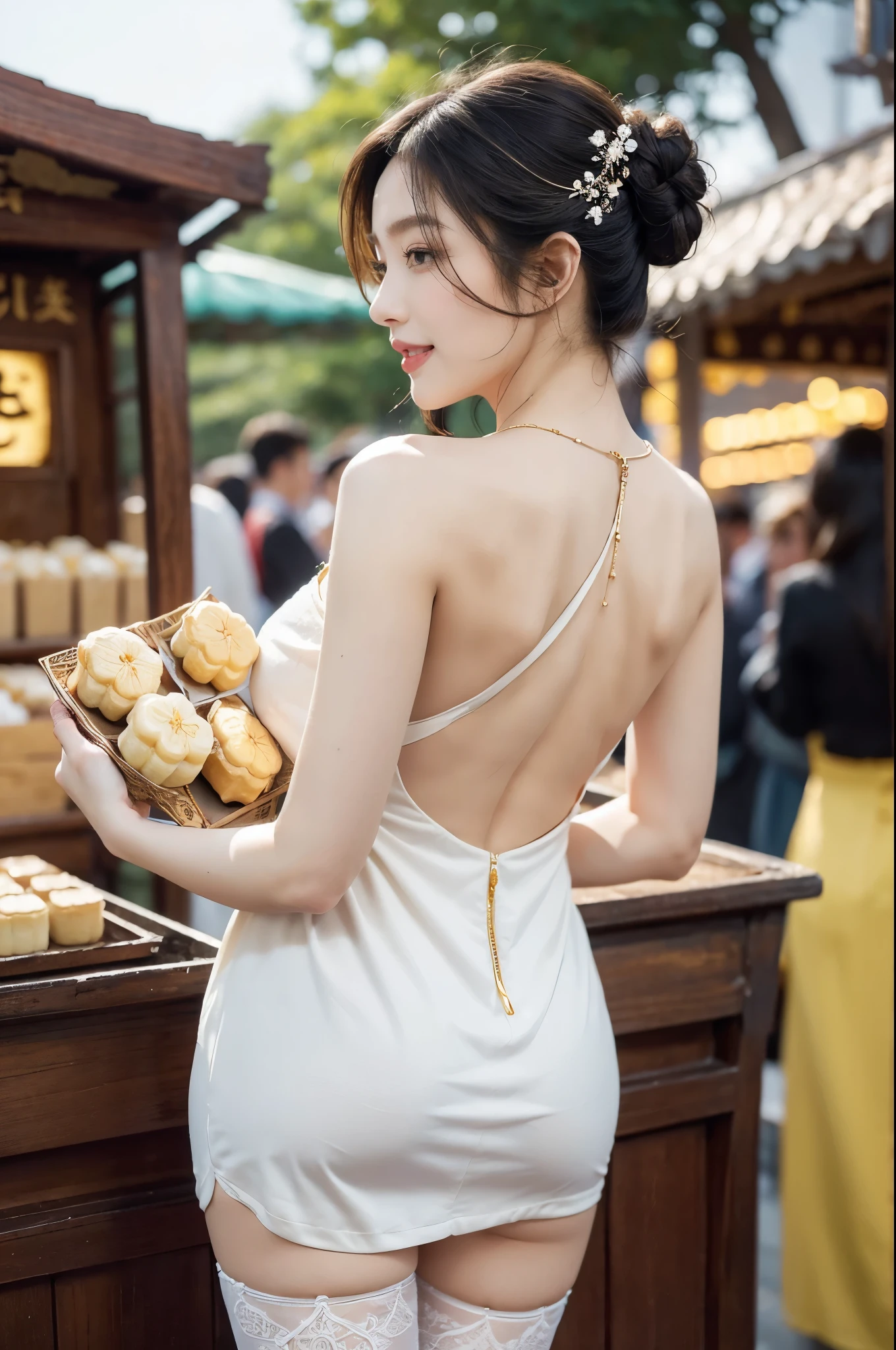 (((best quality))),(((ultra detailed))),(((masterpiece))),illustration,((1 beautiful girl,solo)),(shoulder-length straight bob:1.2),((slim,thin)),((bare back,towering hips,butt crack)),delicate face, twinkling eyes,(osmanthus flower dress:1.3),(stockings:1.3),(standing:1.3),fair complexion,(bustling market:1.3),(stall full of mooncakes:1.3),curiosity,delight,promotional,haggling,intricate patterns,Mid-Autumn Festival atmosphere, flaky, smile, sweet, fragrant filling, delightful contrast, salty exterior, eyes widen, pleasure, exploring,excitement, box, joyful anticipation, festive spirit, vibrant atmosphere, enchanting appearance, lively scene, captivating, timeless image,(outdoor:1.2),(bright sunshine:1.3),(day scene:1.3),((from back,upper body)),(surrounded by crowded crowds:1.3)