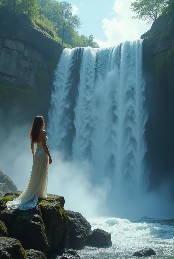 A dramatic scene unfolds as a woman, silhouetted against the thundering roar of a majestic waterfall, stands poised on a jagged rocky outcrop. Her hand reaches out, seemingly about to touch the cascading, crystal-clear water, creating a mesmerizing spray of mist. The ethereal light dances off her drenched, shimmering gown, highlighting her captivating figure amidst the raw, untamed beauty of the waterfall's surroundings.