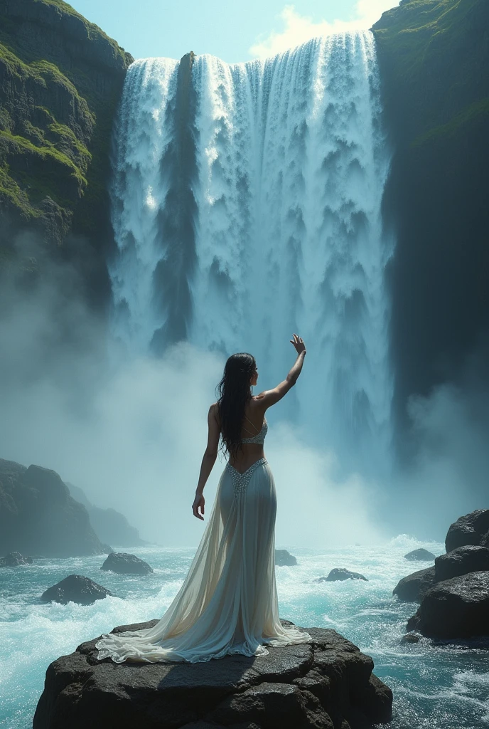 A dramatic scene unfolds as a woman, silhouetted against the thundering roar of a majestic waterfall, stands poised on a jagged rocky outcrop. Her hand reaches out, seemingly about to touch the cascading, crystal-clear water, creating a mesmerizing spray of mist. The ethereal light dances off her drenched, shimmering gown, highlighting her captivating figure amidst the raw, untamed beauty of the waterfall's surroundings.