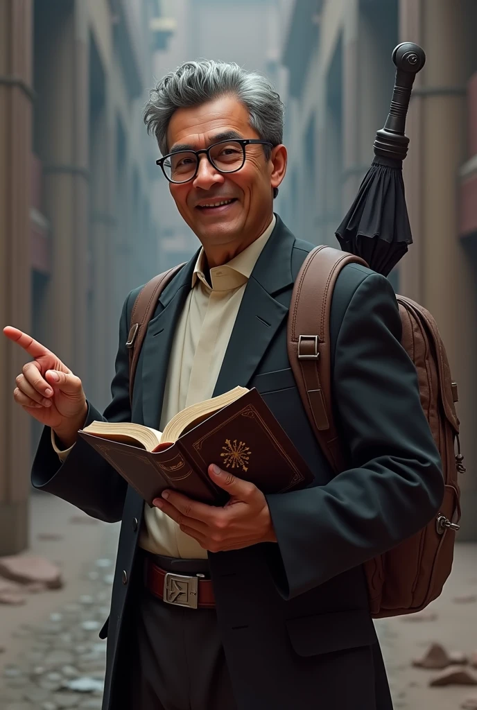 Create a Star Wars style image of a 63-year-old Latino man,indigenous brunette face, using reading glasses, gray curly hair, Side-parted hairstyle and formal dress, holding a bible in his left hand and pointing at the bible with his index finger of his right hand, smiling placidly, He doesn't have a beard or a moustache and looks clean shaven., In the book it should only say BIBLE,without images, He carries a backpack and an umbrella hanging from the same backpack