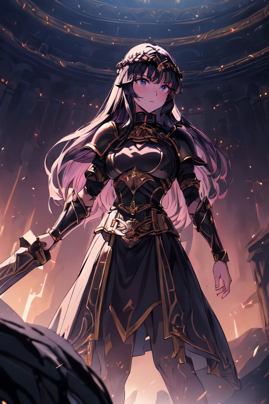 (((gorgeous illustration of a masive darkness arena, far away gladiator woman, focus on the scale of the arena, gladiator arena, roman arena))),((purple gadiator woman, gladiator armour, detailed face, pale skin, long black hair, modest clothing, heavy armour)), gorgeous anime gladiator, gwen from league of legends, gladiator armour, (((gorgeous dark arena background)))