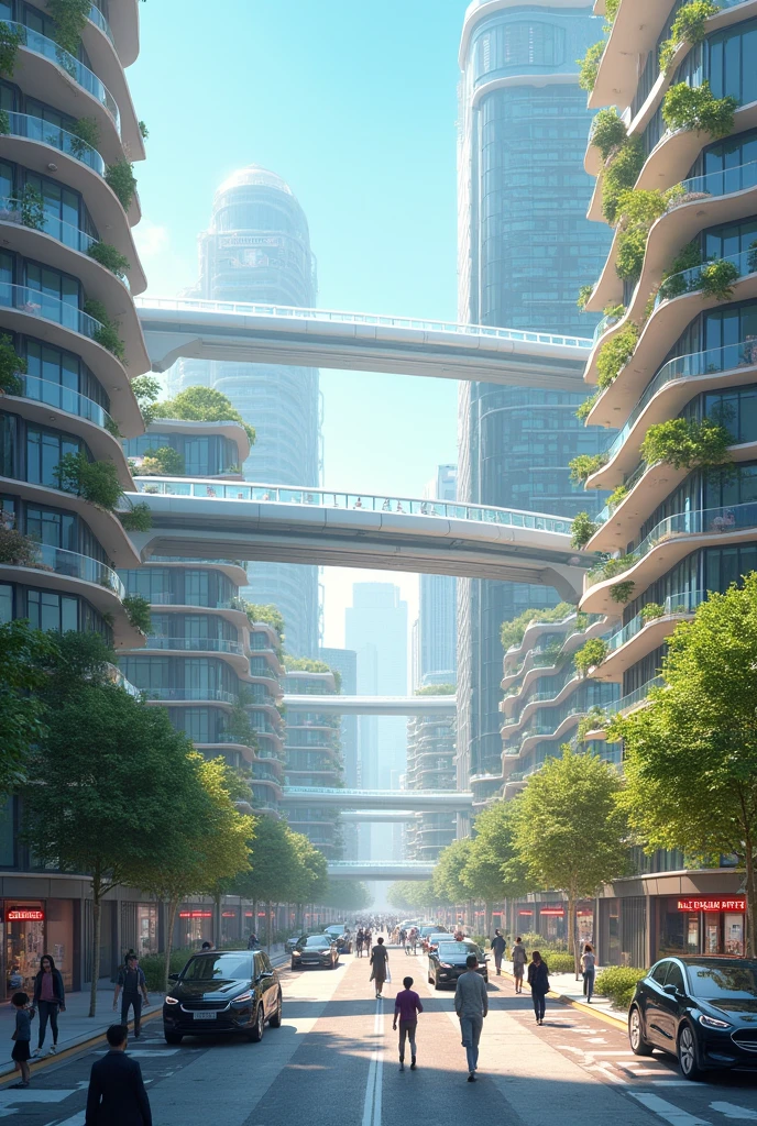 Image alluding to 2050 with apartments, cars, roads, transportation, education and medicine