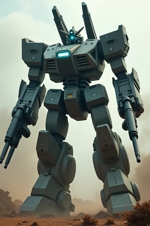 Huge realistic robot Equipped with missile pods on shoulders Firing machine guns Eyes are blue In combat