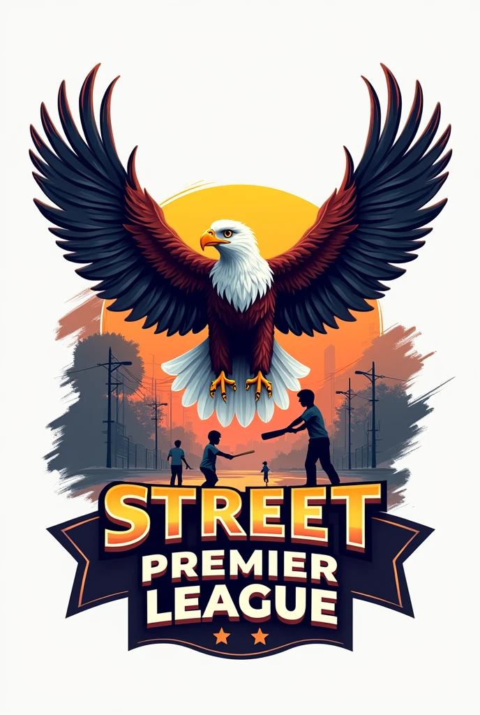 Create a logo with open wing eagle add name street premier league and add children playing cricket in Indian local street Add name YUSUFF, RIYAN , NAHID MUJAHID