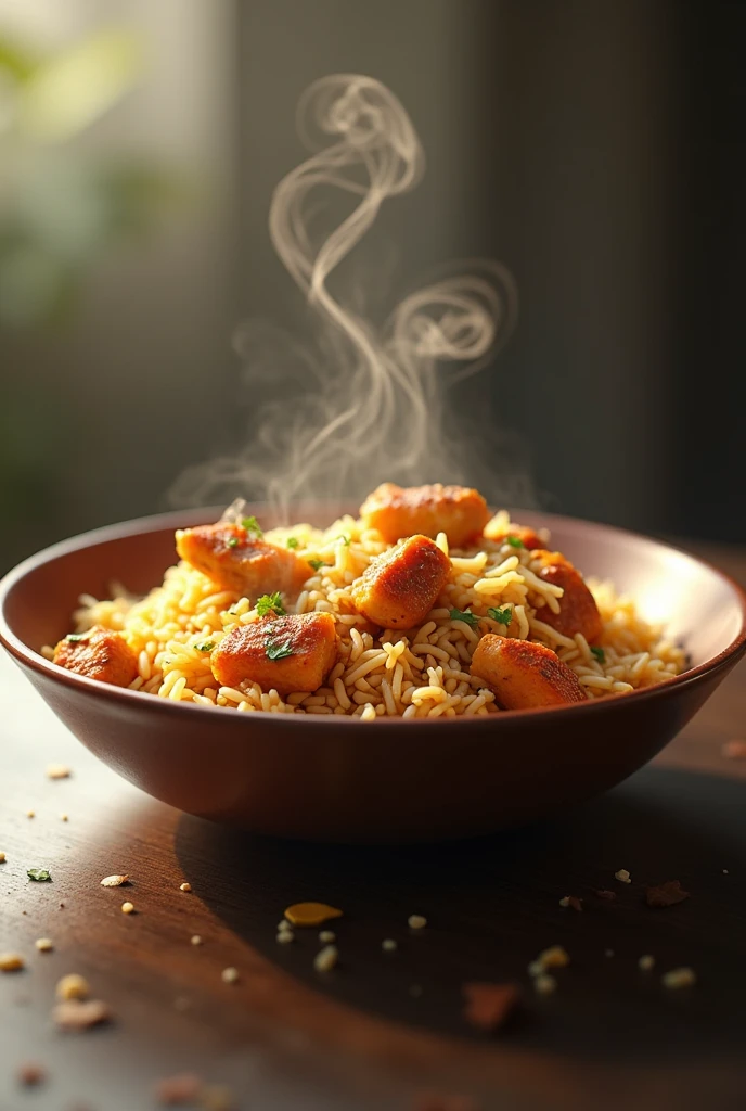 Realistic Chicken Biryani in a bowl and a smoke coming out of it.
Soft light from both the sides on biryani
