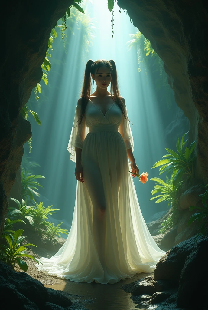 Within a dark cave with an opening at the top, zenithal lighting, bright plants gently illuminating the surroundings with a green hue, thick thighs, wide hips, mature female, (dramatic light:1.3),
woman, hatsune miku, solo, dress, flower, long hair, white dress, twintails, very long hair, hol