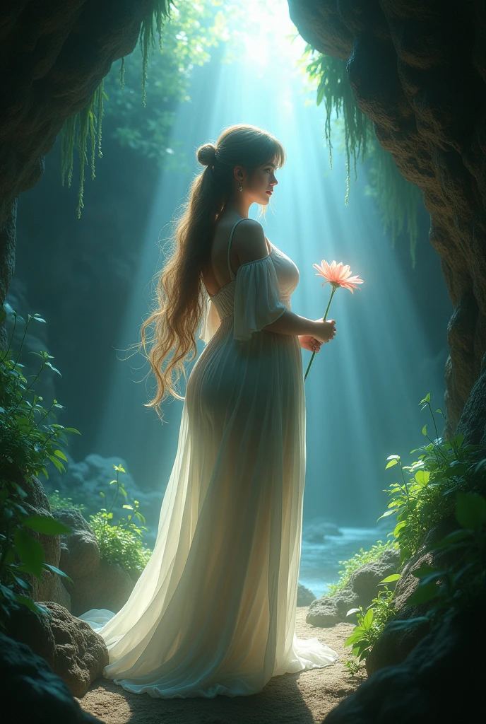 Within a dark cave with an opening at the top, zenithal lighting, bright plants gently illuminating the surroundings with a green hue, thick thighs, wide hips, mature female, (dramatic light:1.3),
woman, hatsune miku, solo, dress, flower, long hair, white dress, twintails, very long hair, hol