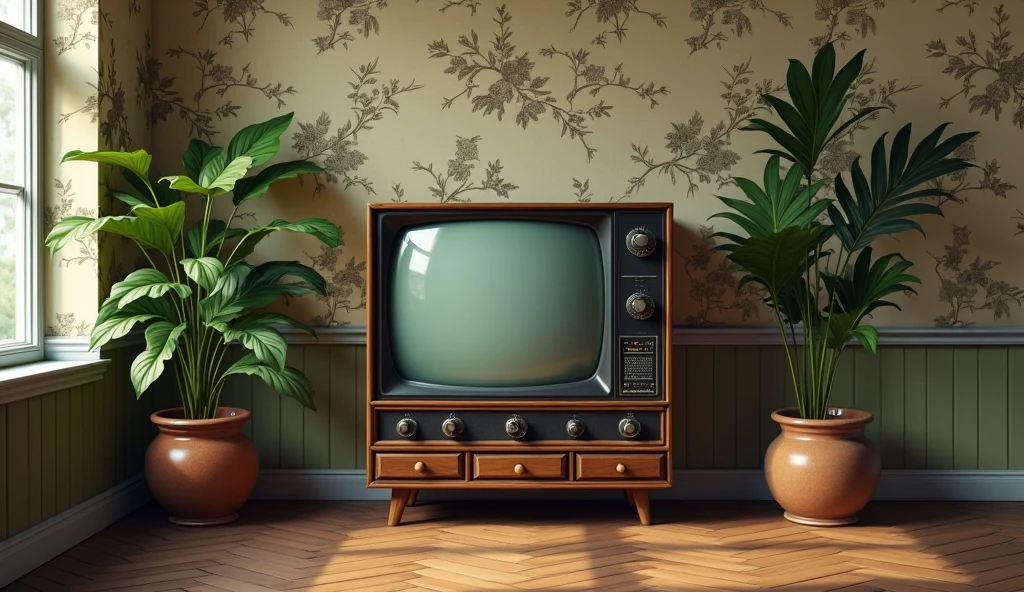 Visualize a quaint room in an old English-style house, with a vintage TV set as the focal point. The TV, encased in a wooden frame with dials on the side, rests against a weathered, floral-patterned wallpaper typical of early 20th-century English homes. On either side of the TV, tall, leafy plants in ceramic pots bring a touch of nature indoors, their vibrant green leaves contrasting with the muted, antique tones of the room. The room's atmosphere is cozy and nostalgic, evoking the charm of a bygone era. painting style