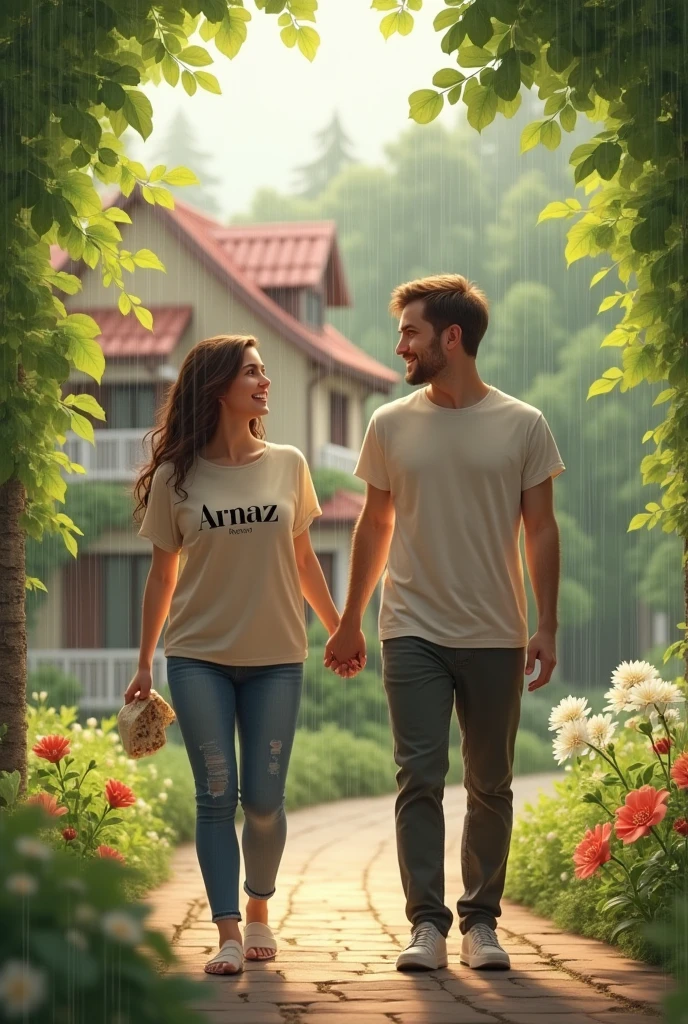 A couple standing hand in hand, walking in a garden and beautiful home in the background. Their face and front body is visible. The girl looka fat. They are wearing a t shirt. On both the tshirt a designer name is printed that is "Arnaz". A little bit of rain showers is also there. The girl has a piece of food in her hand and she is feeding the boy with him.