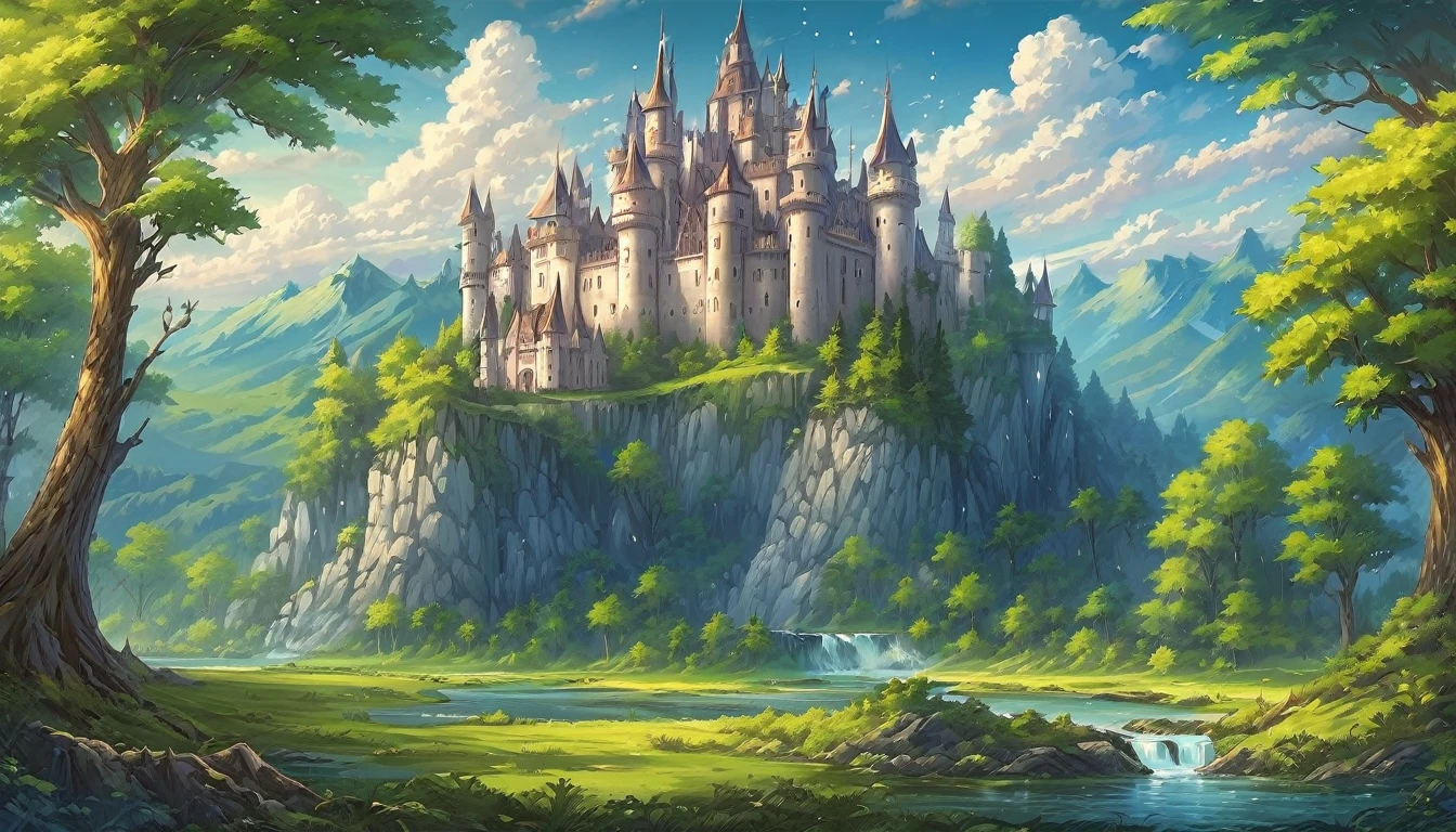 masterpiece, best quality, number, illustration, Anime style background, landscape, a castle in the middle of a forest, fantasy art, fantasy scenic, fantasy art landscape, fantasy castle, fantasy art style, fantasy landscape, impressive fantasy landscape, magical landscape,