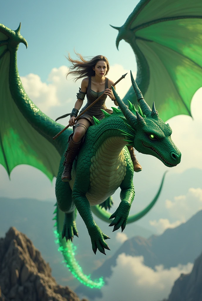 a greenish dragon ridden by a woman