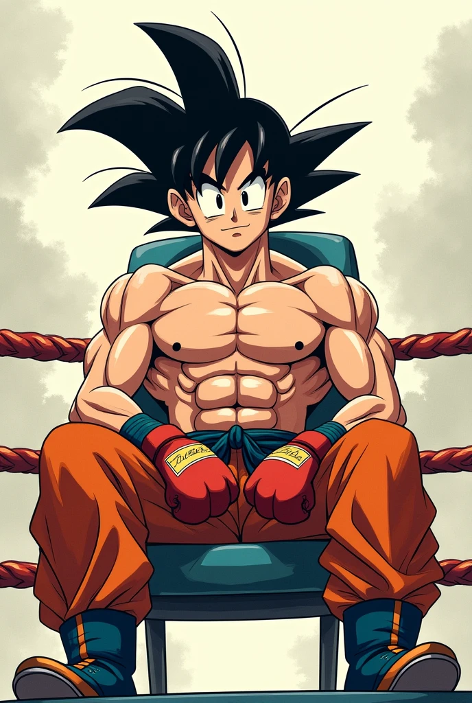 Draw Goku shirtless, sitting on a chair resting on top of a boxing ring in the Dragon Ball manga style. He must be wearing gloves.