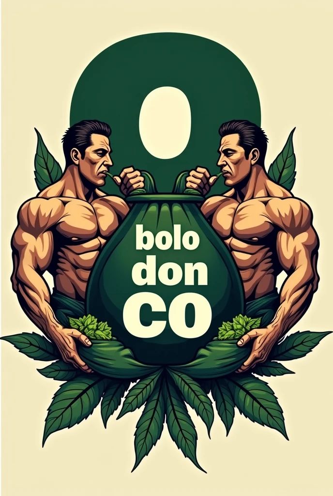 Generate a logo that says "Bolo Don Co" and is inside an 8 and there are 2 muscular men without shirts who are holding coca leaves in sacks and are putting the leaves in their mouths.