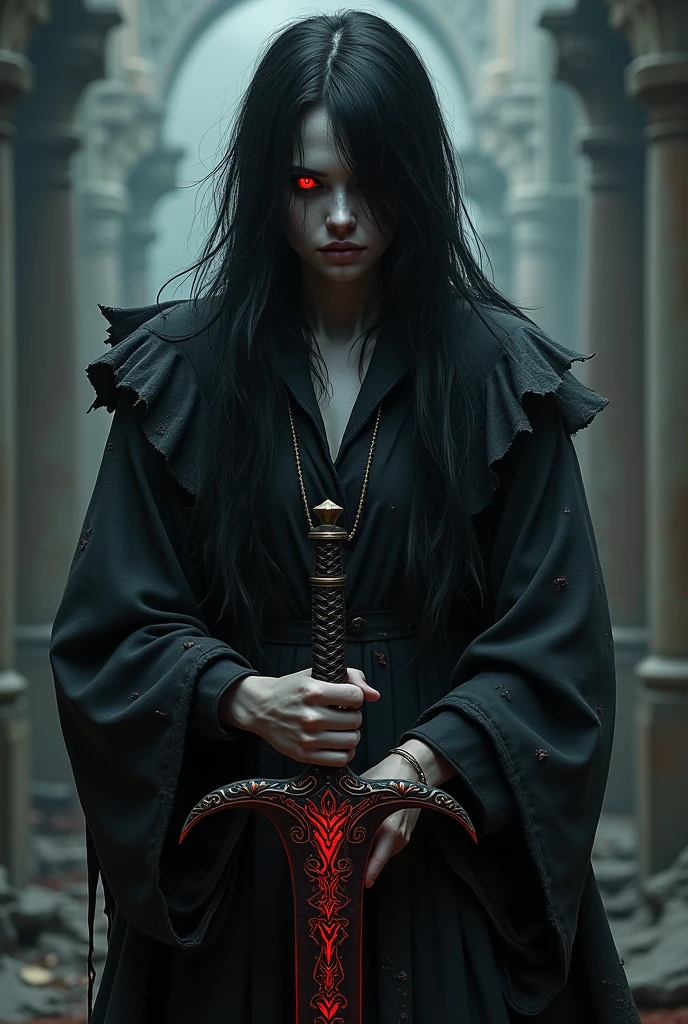 character with black hair, one red eye and the other black, holding a demonic sword with his clothes all torn
