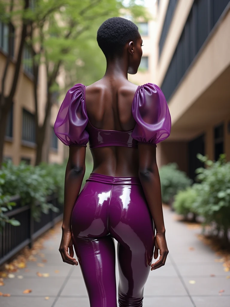 MASSIVE BUTTOCKS, translucent plum plastic leggings, UHD, library sidewalk, She's a dark skin melanin Goddess, with waist of infinite smallness, puffy sleeves, muscular abs, pixie cut