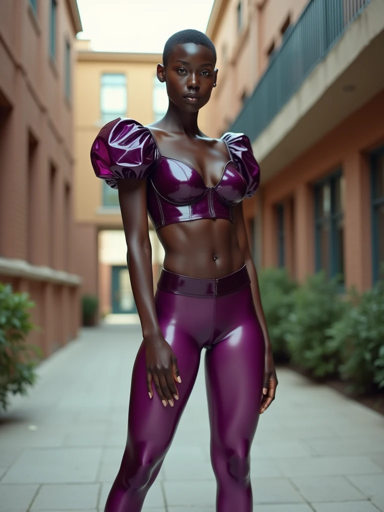 MASSIVE BUTTOCKS, translucent plum plastic leggings, UHD, library sidewalk, She's a dark skin melanin Goddess, with waist of infinite smallness, puffy sleeves, muscular abs, pixie cut 