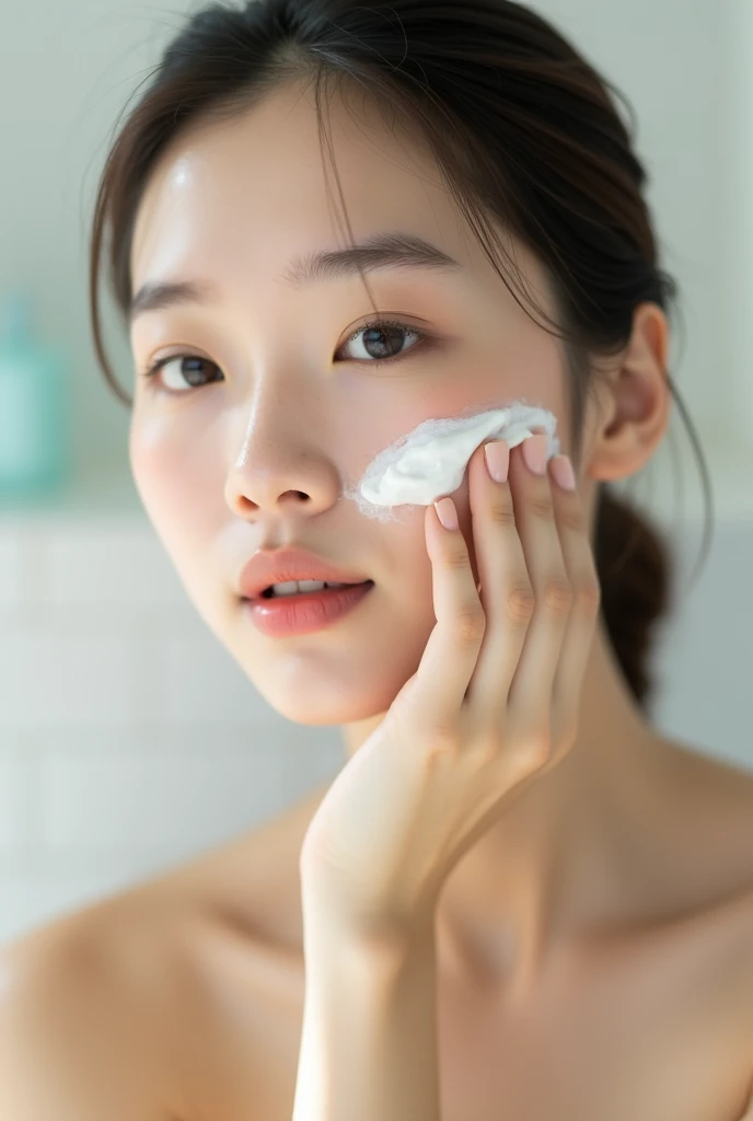 Photo of a Korean younger lady using face cream