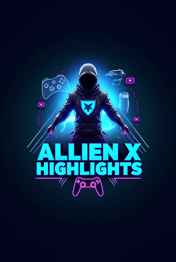 This is a gaming logo that features the name "ALLIEN X HIGHLIGHTS " in a futuristic font and a neon blue color. and free fire game character, The logo also has a stylized controller icon and a YouTube play button in the background. The logo is designed to be attractive and eye-catching, and to appeal to gaming enthusiasts and You Tube viewers, I hope you like it.