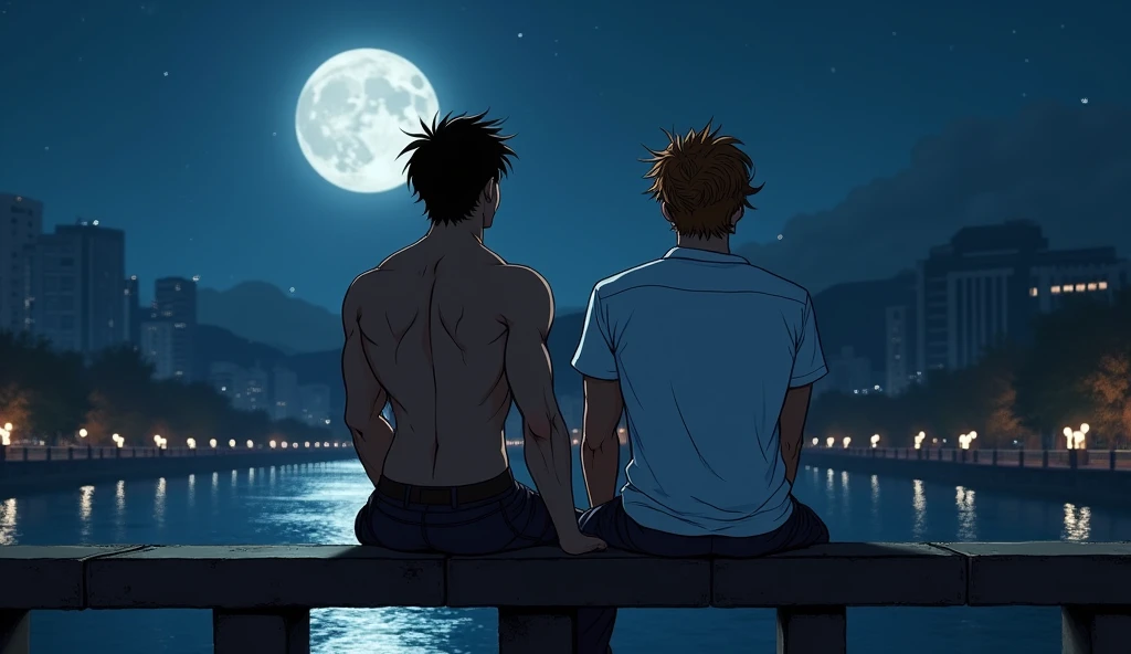 two men sitting on a bridge at night, watching the moon and the river current below them.
The man who stood on the right side, has light brown wavy hair, with a tanned skin tone and a somewhat thin body structure, has a strong personality, e ri facil, he is wearing a street style outfit. the other, To your left, has the physical structure of someone who goes to the gym frequently, is high, and has defined muscles, wears a white blouse and jeans and has straight, spiky black hair, and almost pale skin tone, with a look secretly attracted to the other man.